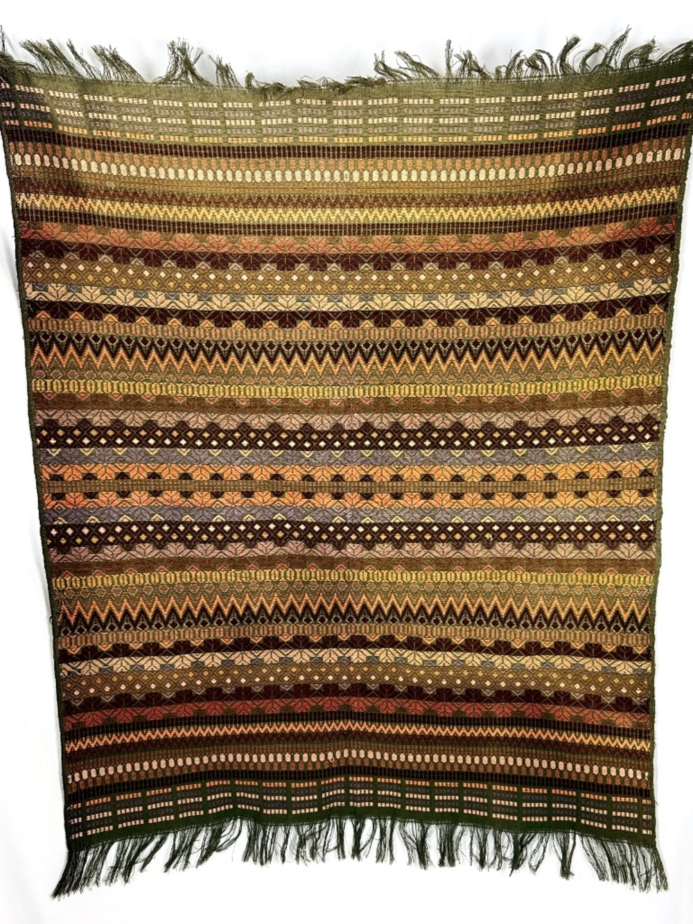 Handmade Vintage Weaving Wall Hanging Rug Textile 33X40 w Fringe Olive Green